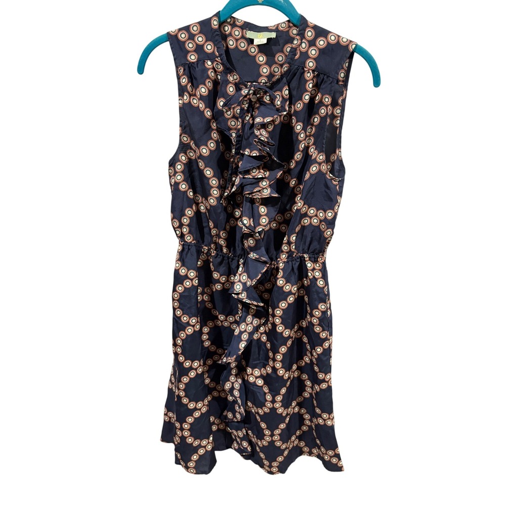 Anthropologie‎ Lil Ruffle Front Tie Geometric Print Sleeveless Dress Navy 6 Silk